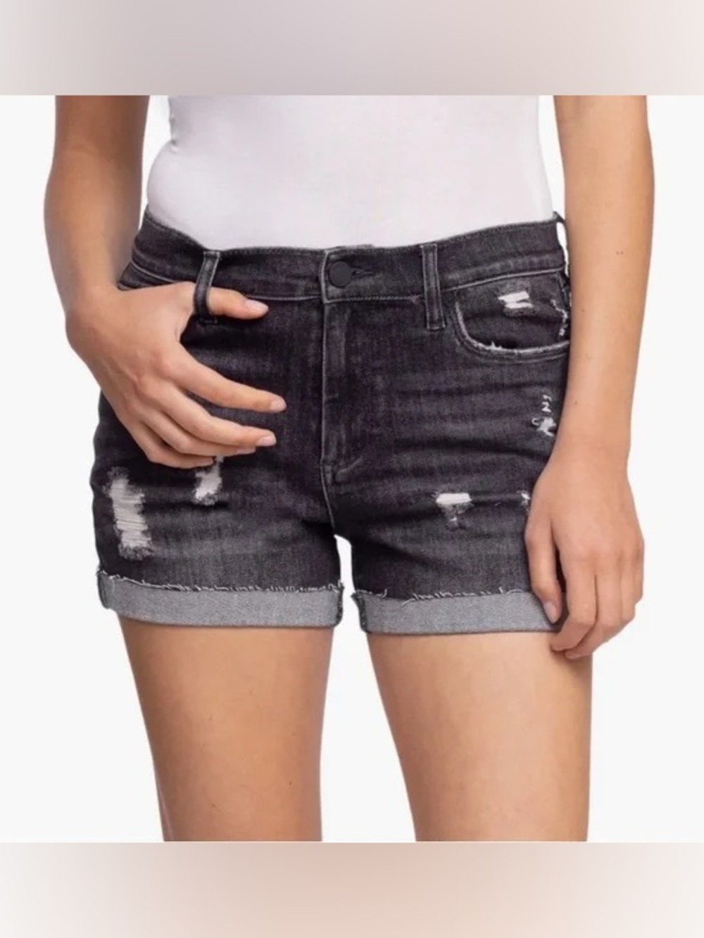 Blank NYC The Fulton Washed Black Distressed Roll-Cuff Denim Shorts Sz 28